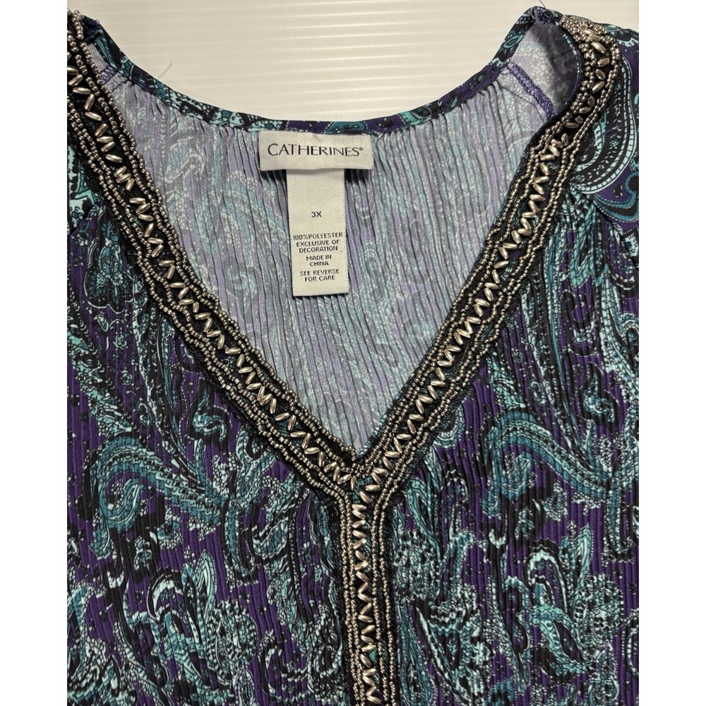 Catherines Bejeweled Pleated Blouse 3x V Neck Paisley Blue Resortwear - Picture 8 of 10